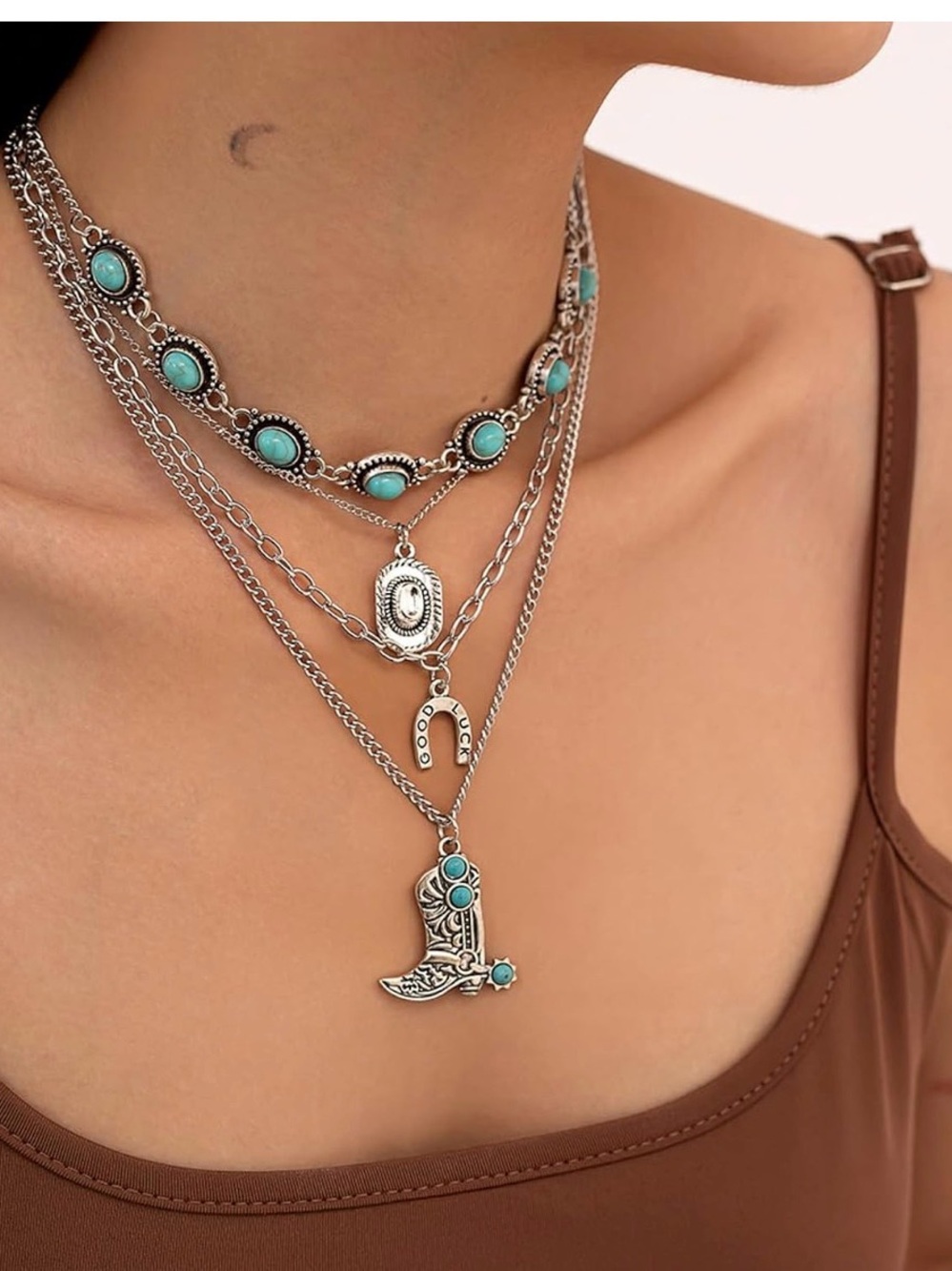 Turquoise Stone Layered Western Necklace Set - Women Jewelry
